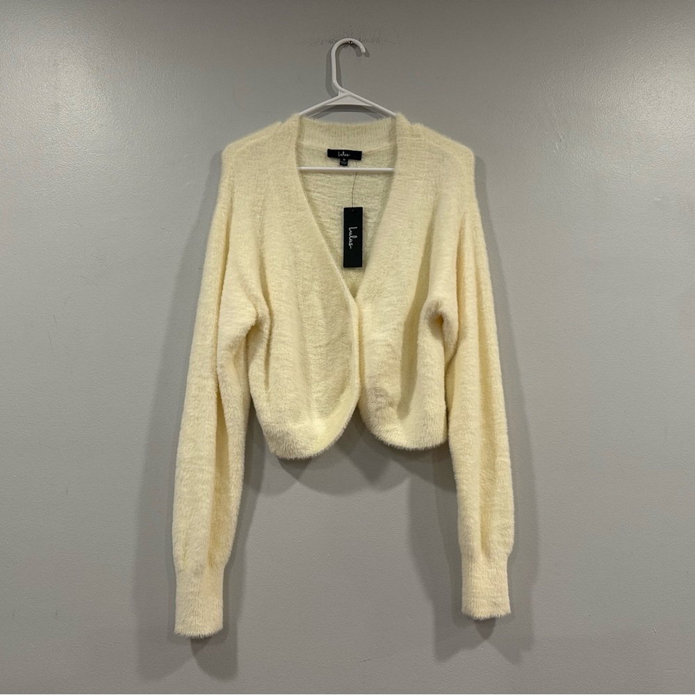 Lulus Totally Toasty Ivory Eyelash Knit Cropped Cardigan Sweater Medium M